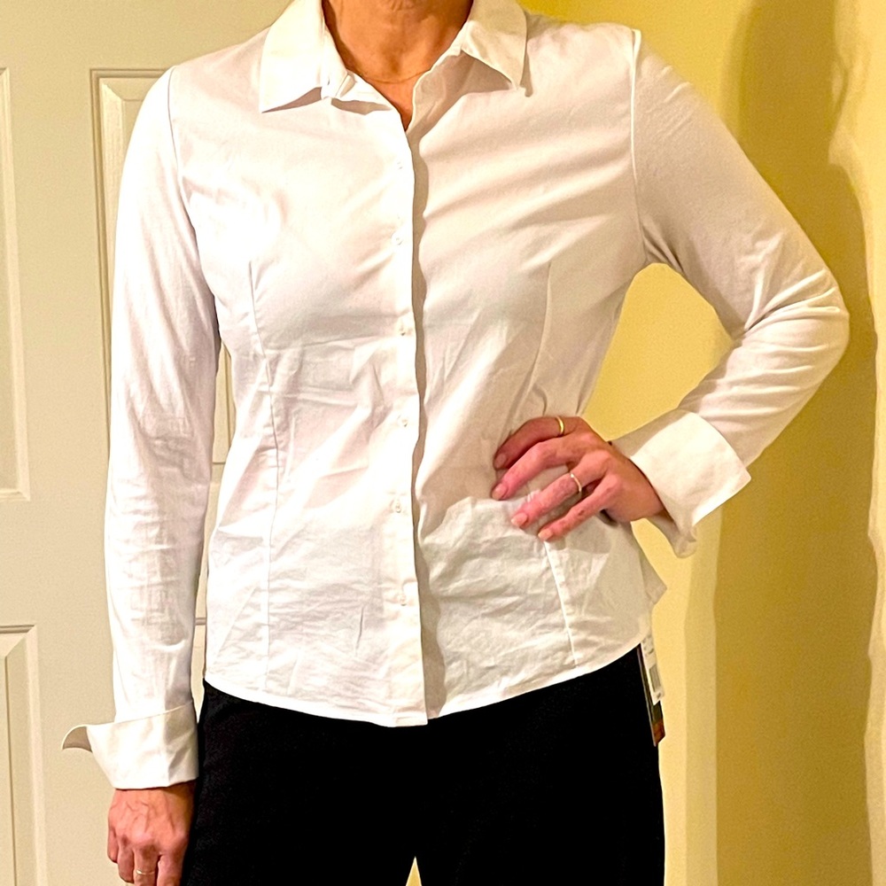 Calvin Klein crisp white button up, fitted dress shirt w/ French cuffs- size 14